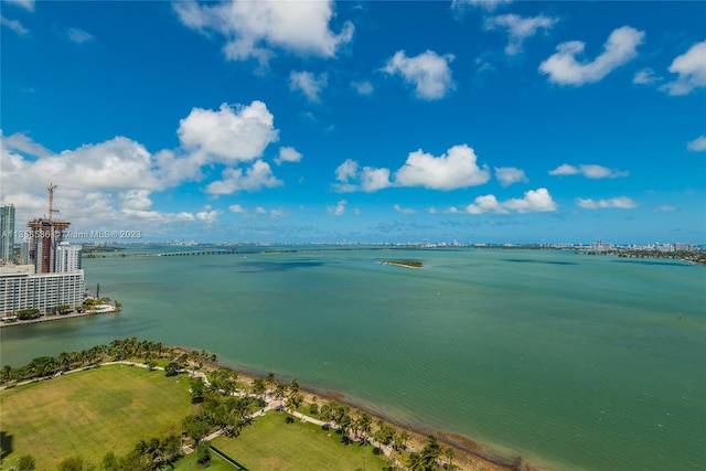 bird's eye view with a water view