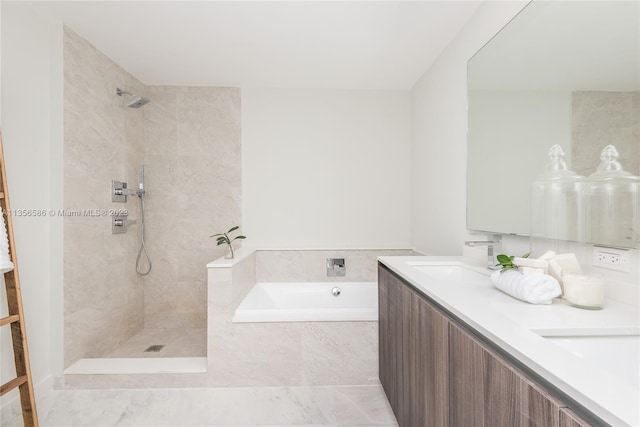 bathroom featuring dual bowl vanity, plus walk in shower, and tile flooring