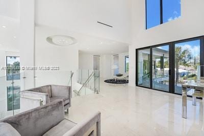 living room with a healthy amount of sunlight and a towering ceiling