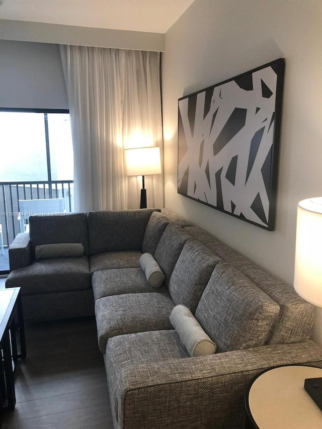 living room with dark hardwood / wood-style flooring