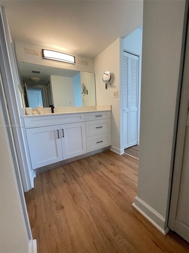 bathroom with hardwood / wood-style flooring and vanity