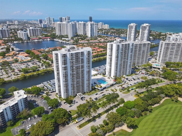 aerial view featuring a water view