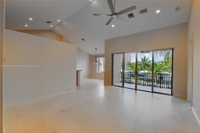 empty room with high vaulted ceiling, ceiling fan, and light tile flooring