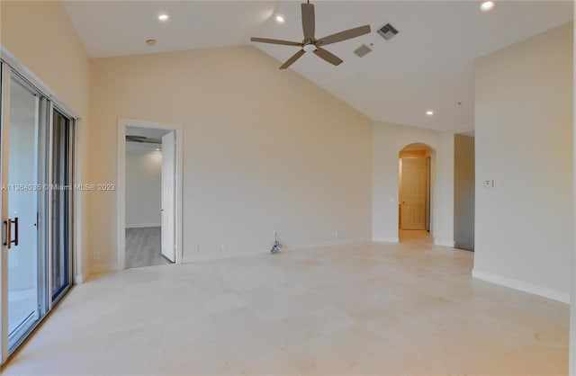 spare room with high vaulted ceiling and ceiling fan