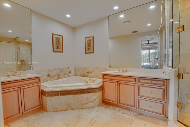 bathroom with tile floors, dual bowl vanity, and plus walk in shower