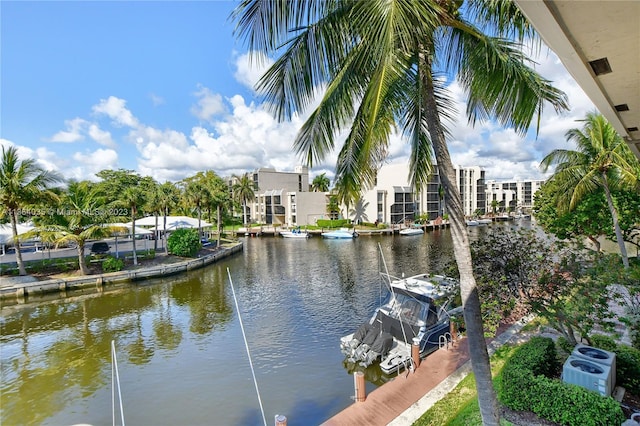 view of water feature with a boat dock