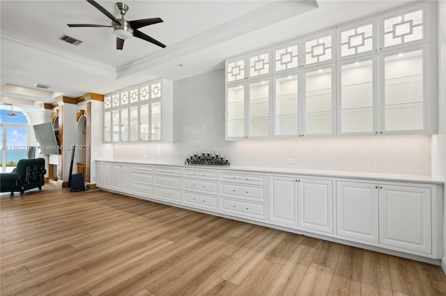 interior space featuring a tray ceiling, ceiling fan, and light hardwood / wood-style flooring