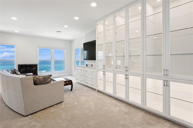 living room with a water view and light colored carpet