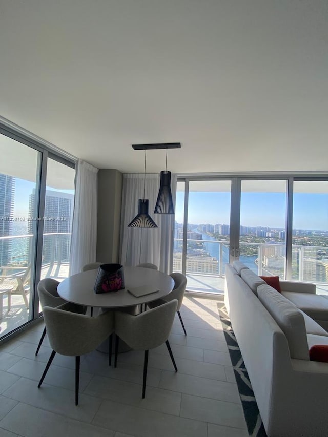 tiled dining space featuring floor to ceiling windows