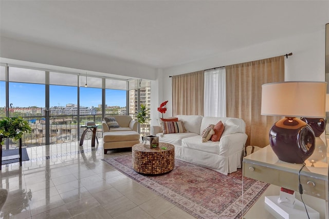 tiled living room featuring expansive windows