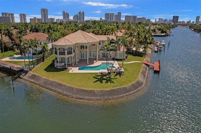 birds eye view of property featuring a water view