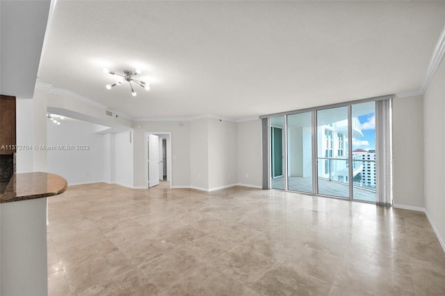 unfurnished room featuring crown molding, floor to ceiling windows, light tile floors, and a notable chandelier