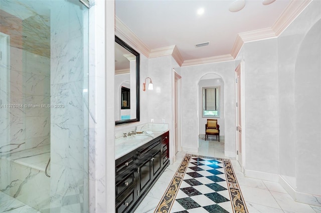 bathroom featuring crown molding, a shower, vanity, and tile flooring