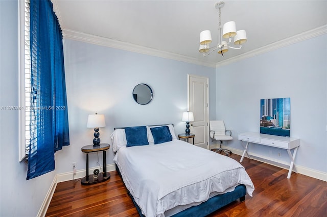 bedroom with dark hardwood / wood-style flooring, ornamental molding, and a chandelier