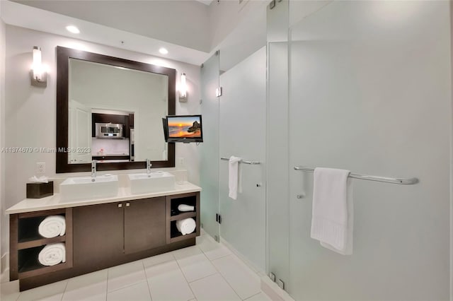 bathroom with tile floors and dual vanity