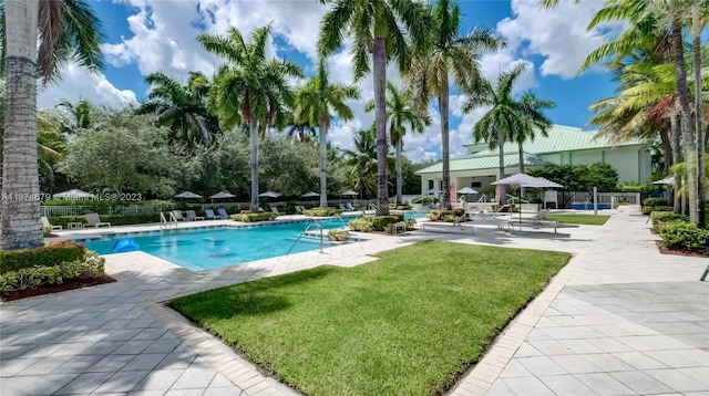 view of swimming pool with a lawn, a patio, and a gazebo