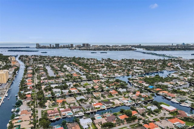 drone / aerial view featuring a water view