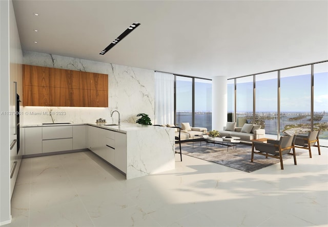 kitchen with sink, white cabinetry, a water view, tasteful backsplash, and expansive windows