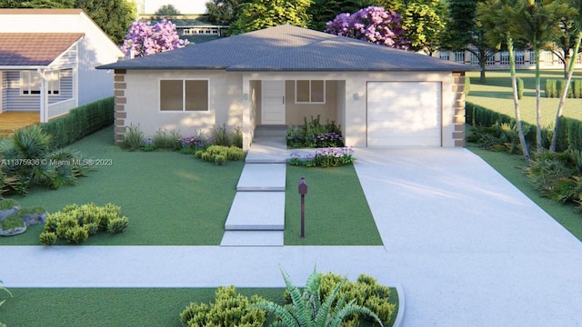 view of front of home with a front yard and a garage