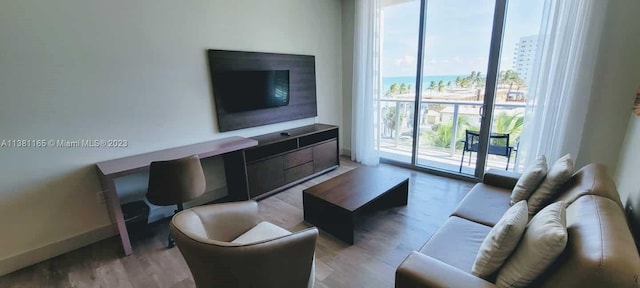 living room featuring floor to ceiling windows and hardwood / wood-style flooring