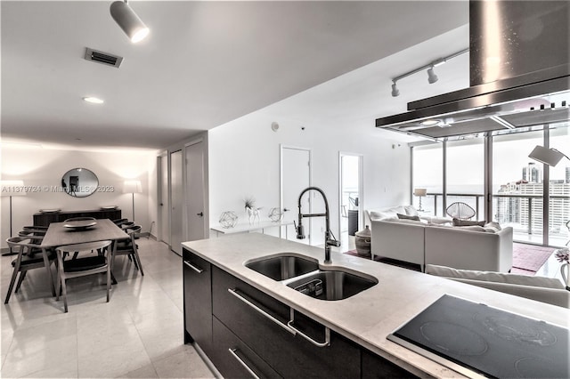 kitchen with light tile flooring, black electric cooktop, fume extractor, rail lighting, and sink