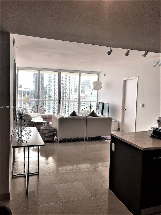 tiled living room featuring floor to ceiling windows and track lighting