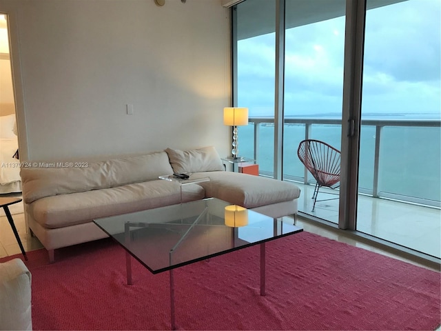 living room with plenty of natural light, floor to ceiling windows, hardwood / wood-style flooring, and a water view