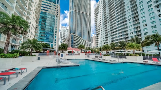 view of swimming pool featuring a patio area