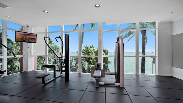 workout area with a wall of windows, dark tile floors, and a water view