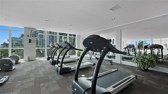 workout area featuring a healthy amount of sunlight, expansive windows, and dark colored carpet