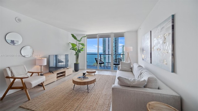 living room with a water view, expansive windows, and light hardwood / wood-style flooring