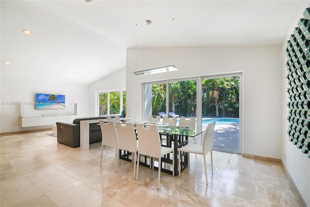 dining space featuring high vaulted ceiling