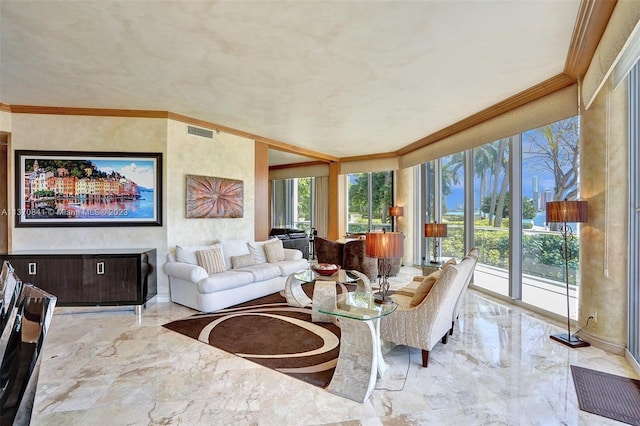 tiled living room featuring crown molding