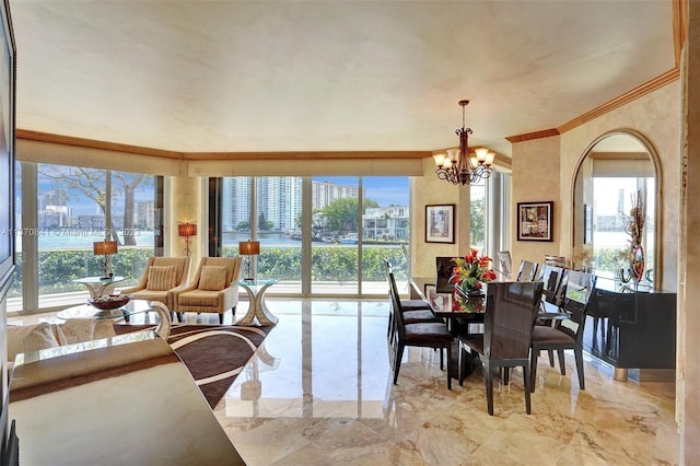 dining area with ornamental molding, a notable chandelier, and light tile floors