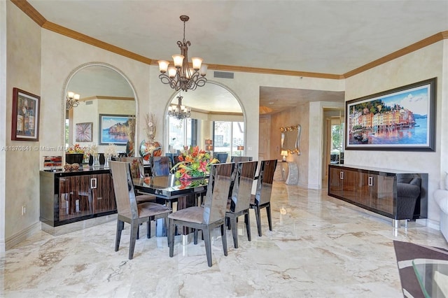 dining area with crown molding, light tile flooring, and a chandelier