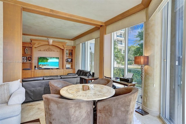 living room with crown molding and light tile floors