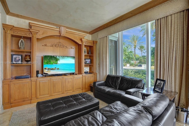 living room with crown molding and built in shelves