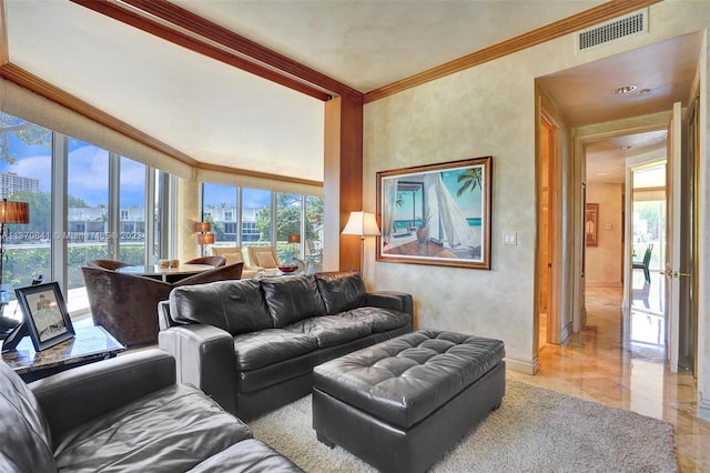 tiled living room with crown molding