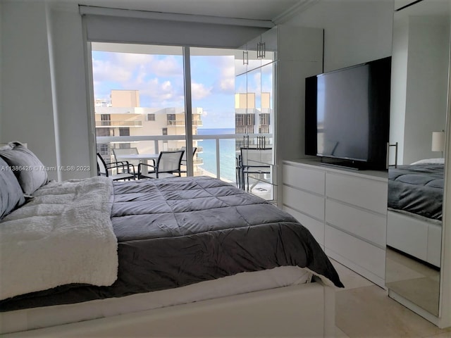 bedroom featuring a water view