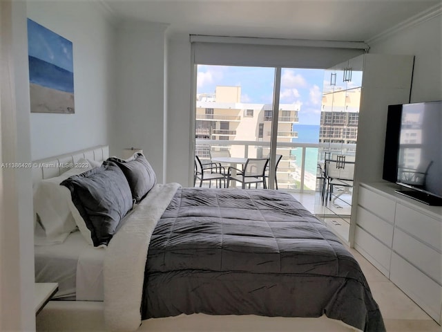 tiled bedroom featuring a water view, floor to ceiling windows, multiple windows, and crown molding