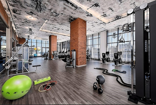 exercise room with plenty of natural light, brick wall, dark hardwood / wood-style flooring, and a wall of windows