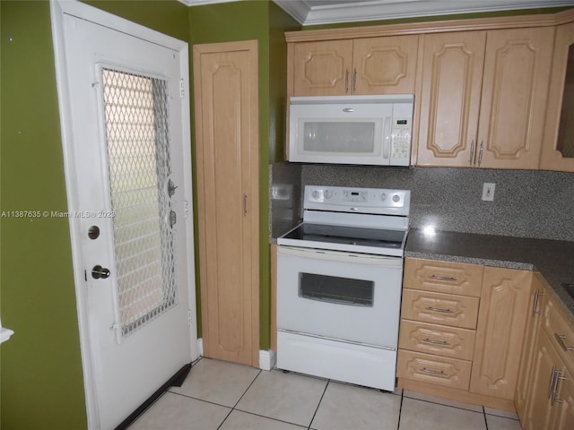 kitchen with white appliances, tasteful backsplash, light tile floors, and light brown cabinets