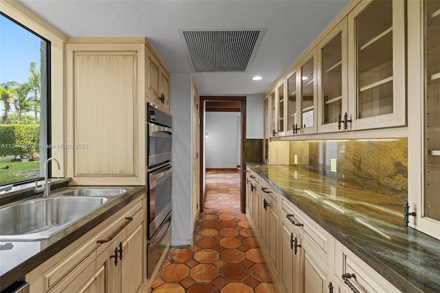 kitchen with backsplash, dark tile flooring, plenty of natural light, and sink