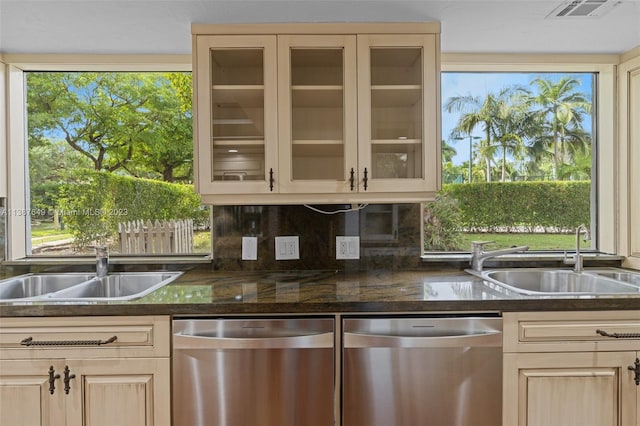 kitchen with plenty of natural light, backsplash, stainless steel dishwasher, and sink