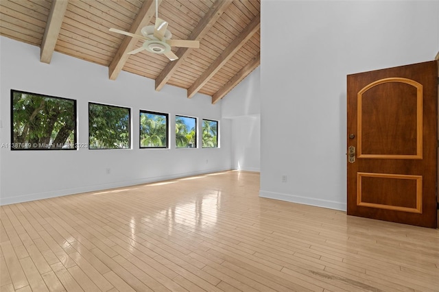 unfurnished room featuring light hardwood / wood-style flooring, ceiling fan, high vaulted ceiling, and beam ceiling