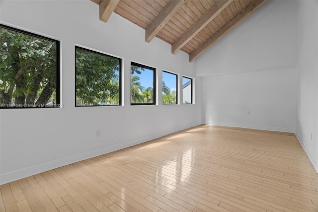 unfurnished room featuring wood ceiling, high vaulted ceiling, light wood-type flooring, and beamed ceiling