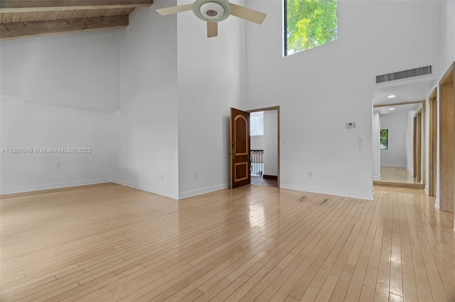 unfurnished room featuring light hardwood / wood-style flooring, ceiling fan, and high vaulted ceiling