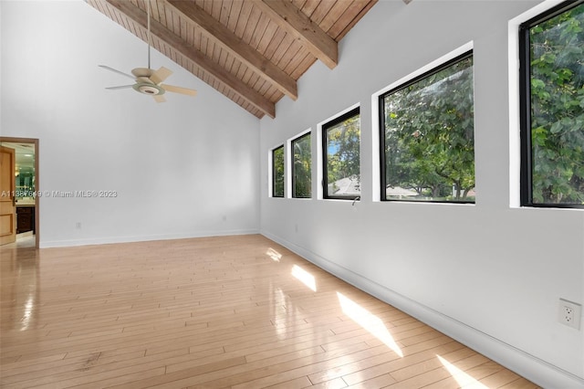 spare room featuring ceiling fan, light hardwood / wood-style flooring, wooden ceiling, high vaulted ceiling, and beam ceiling