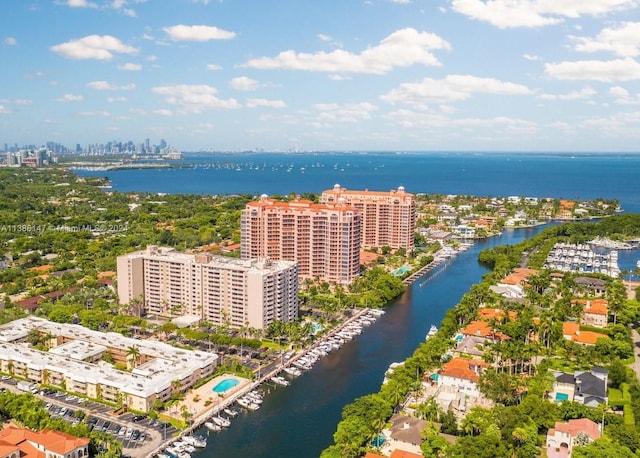 aerial view featuring a water view