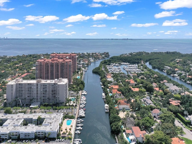 bird's eye view with a water view